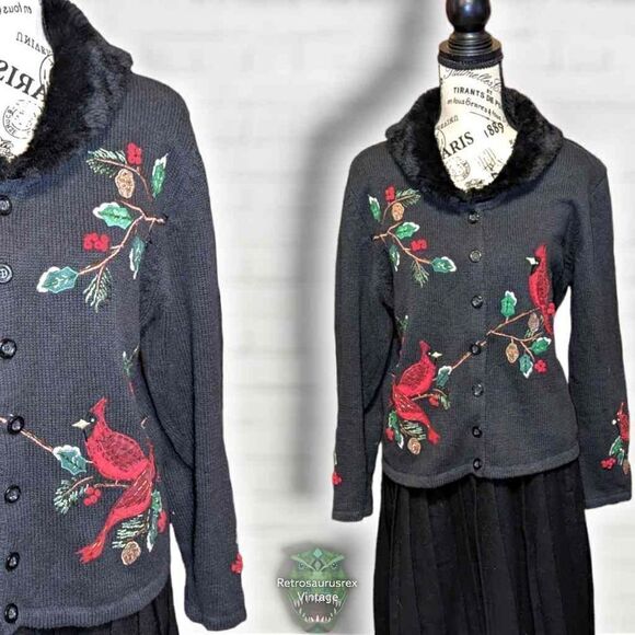 VINTAGE 1990's Cardinal Fur* Collar Beaded Ugly Christmas Holiday Cardigan Sweat - Picture 1 of 6